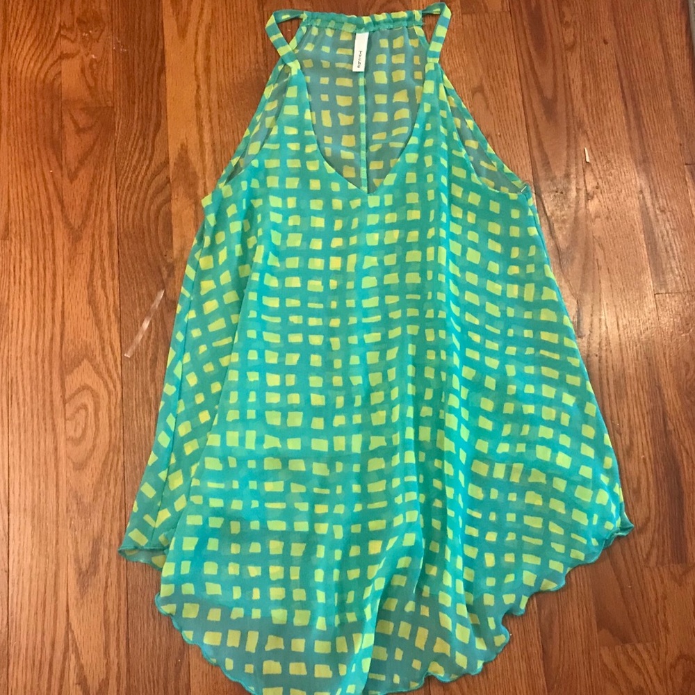 Sheer Green/Yellow Patterned Sleeveless Layer Top